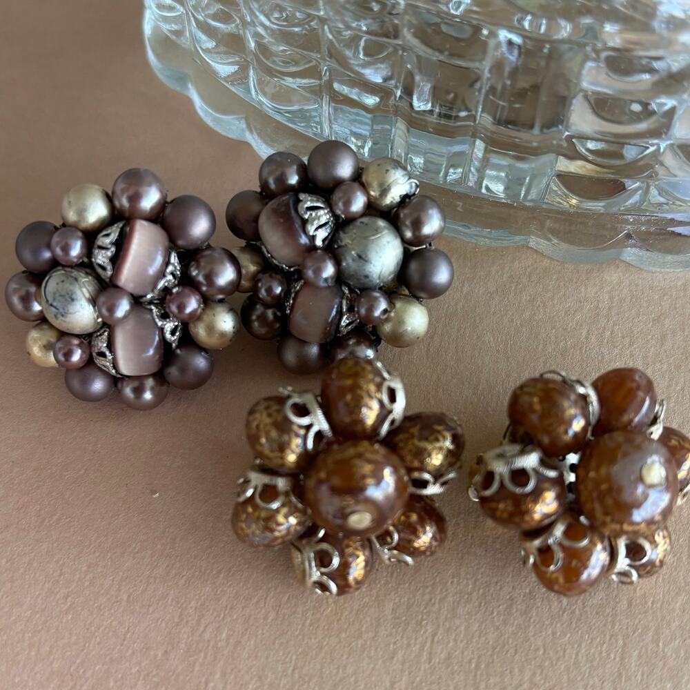 2 Pair Lot Vintage 1950's Japan Clip On Bead Earrings
